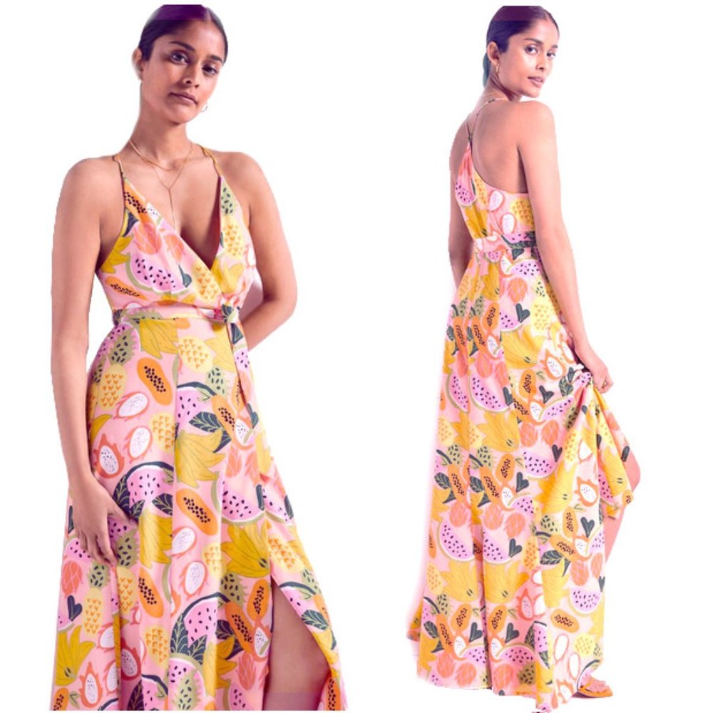 Anthropologie x Hutch Tropical Mixed Fruit Print Wrap Maxi Dress NEW XL
